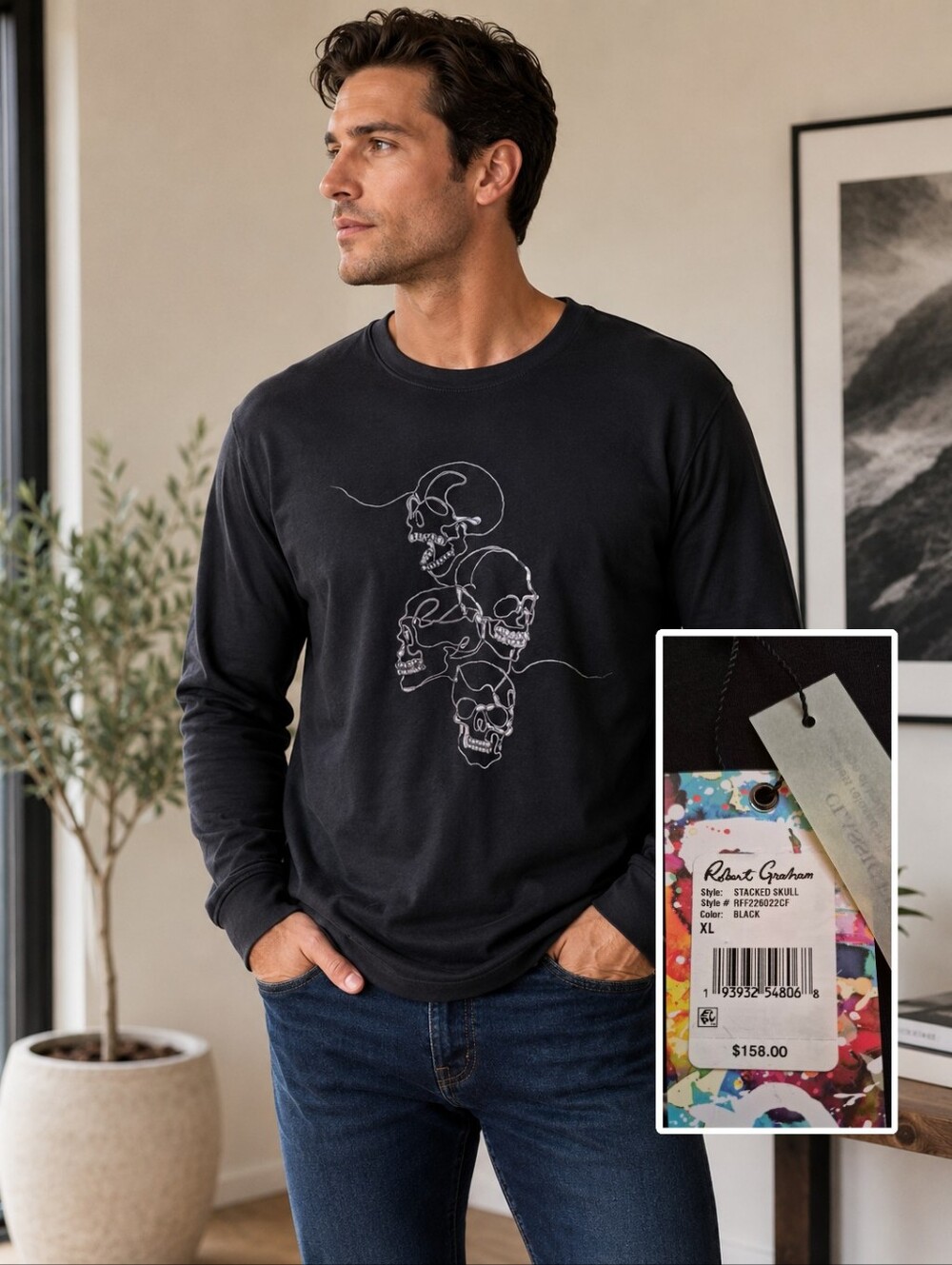 Robert Graham Stacked Skull Long Sleeve Shirt XL Black Embroidered New With Tags